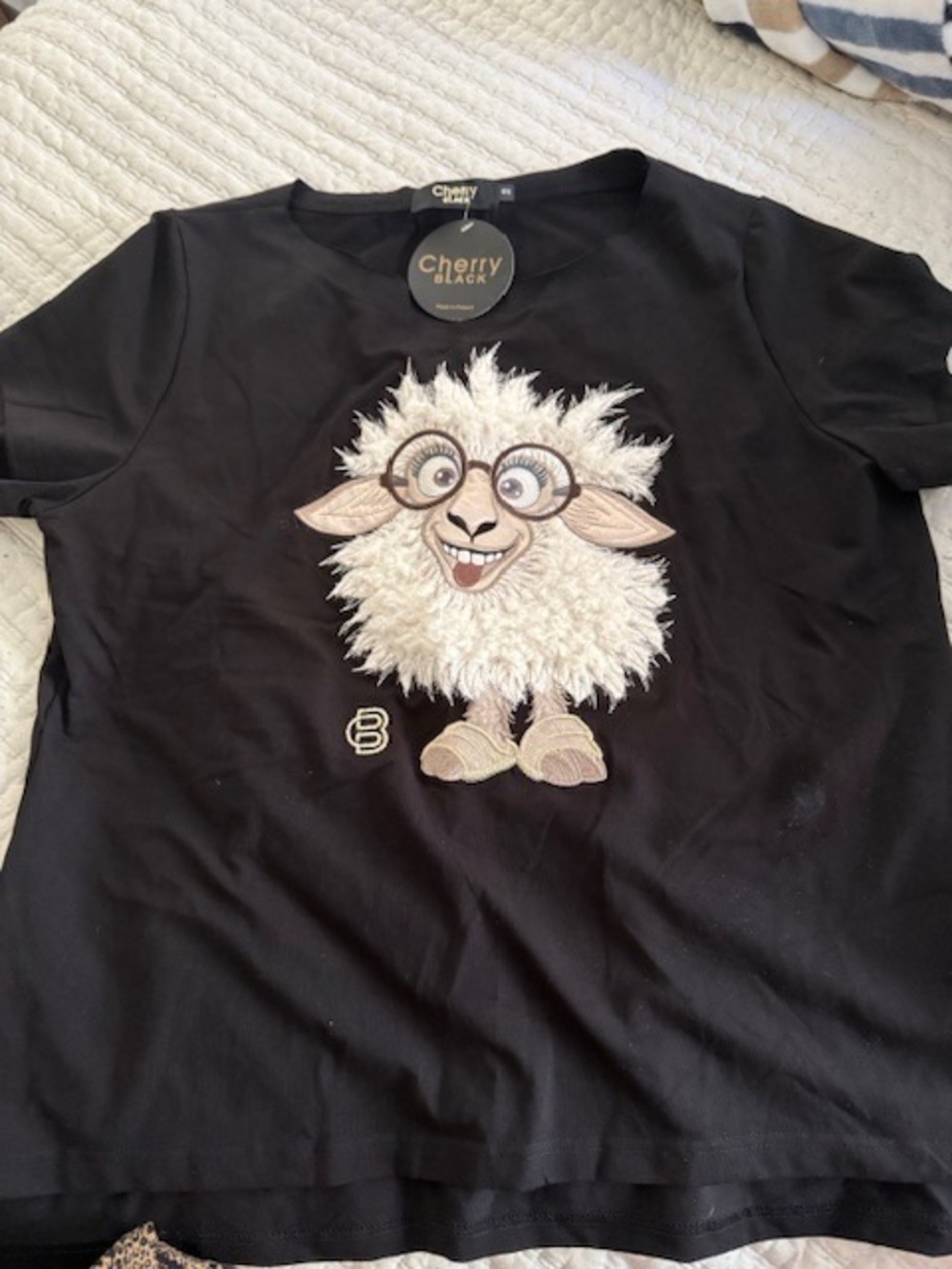 Black Short-Sleeve Tee with Playful Sheep Applique